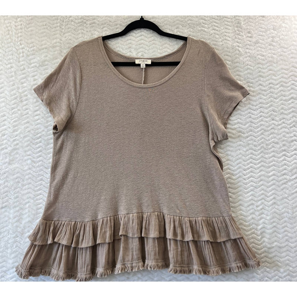 Umgee Tops - Umgee USA Shirt Womens Medium Beige Short Sleeve Flowy Tiered Ruffle Fringe Boho